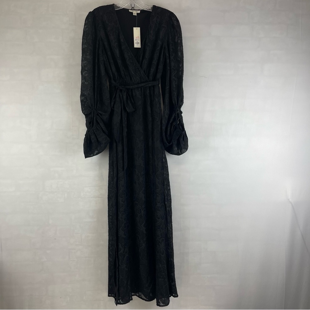 Francesca’s Miami Black Jacquard Long Sleeve Wrap Maxi Dress XS NWT